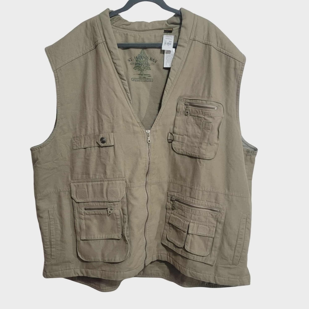 NWT St Johns Bay Rugged Canvas Quilted Fishing Hunting Vest Tan  Dark Khaki 4XLT